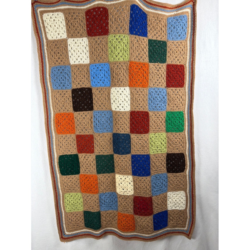 Vintage Handmade Crochet Granny Square Blanket Patchwork Afghan Tan Multi 40x60
